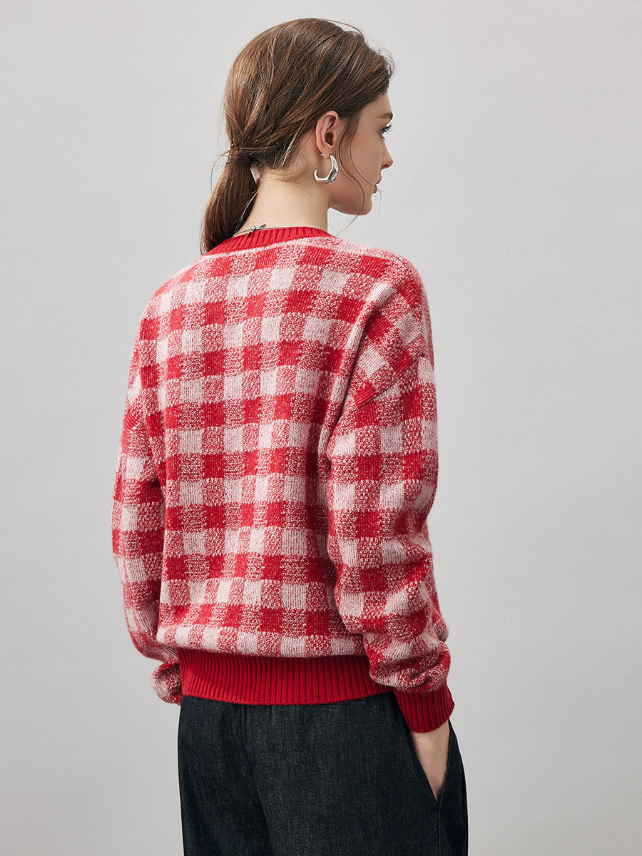 COMOBOCA 100% Cashmere Women's Checkered Round Neck Sweater