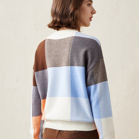 COMOBOCA 100% Cashmere Women's Color Block Plaid Sweater