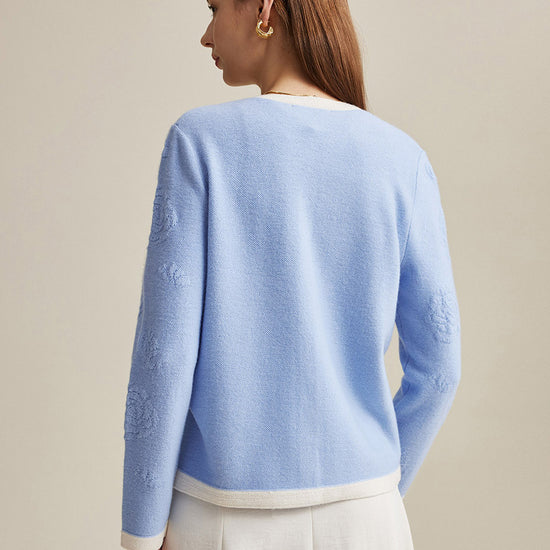 COMOBOCA 100% Wool Women's Contrast Trim Floral Embroidery Cardigan