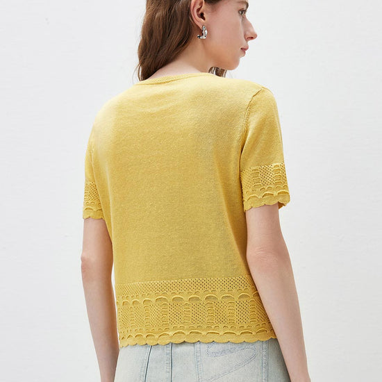 COMOBOCA Women's Scalloped Lace Trim Knit T-Shirt
