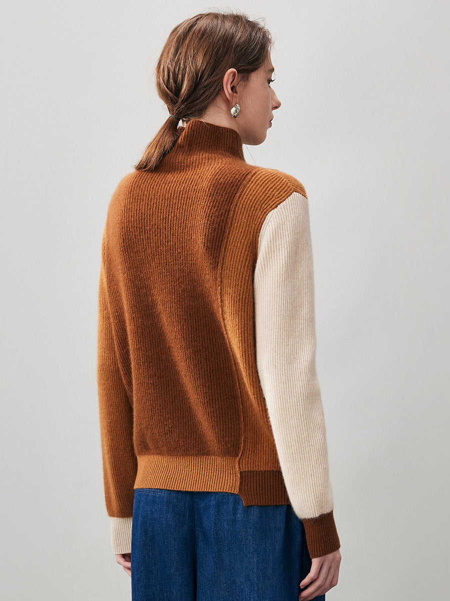 COMOBOCA 100% Cashmere Women's Color Block Turtleneck Sweater