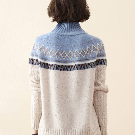 COMOBOCA 100% Cashmere Women's Mock Neck Fair Isle Cable Knit Sweater