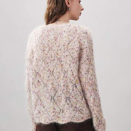 COMOBOCA Women's Speckled Lace Knit Round Neck Sweater