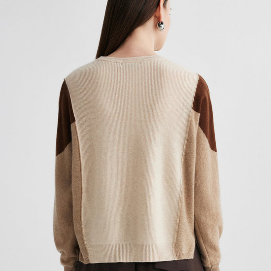 COMOBOCA 100% Cashmere Women's Color Block Round Neck Knit Sweater