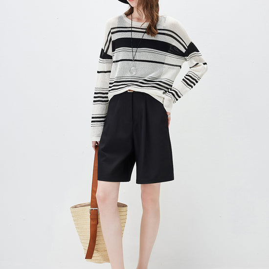 COMOBOCA Women's Asymmetric Stripe Mesh Knit Round Neck Sweater