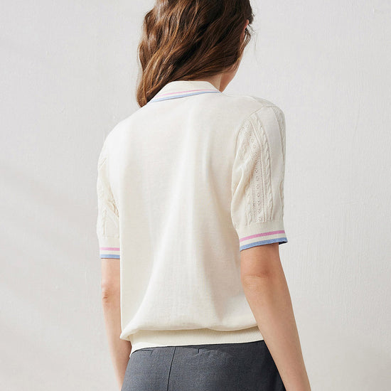 COMOBOCA Women's Cable Color Trimmed Knit Polo T-Shirt