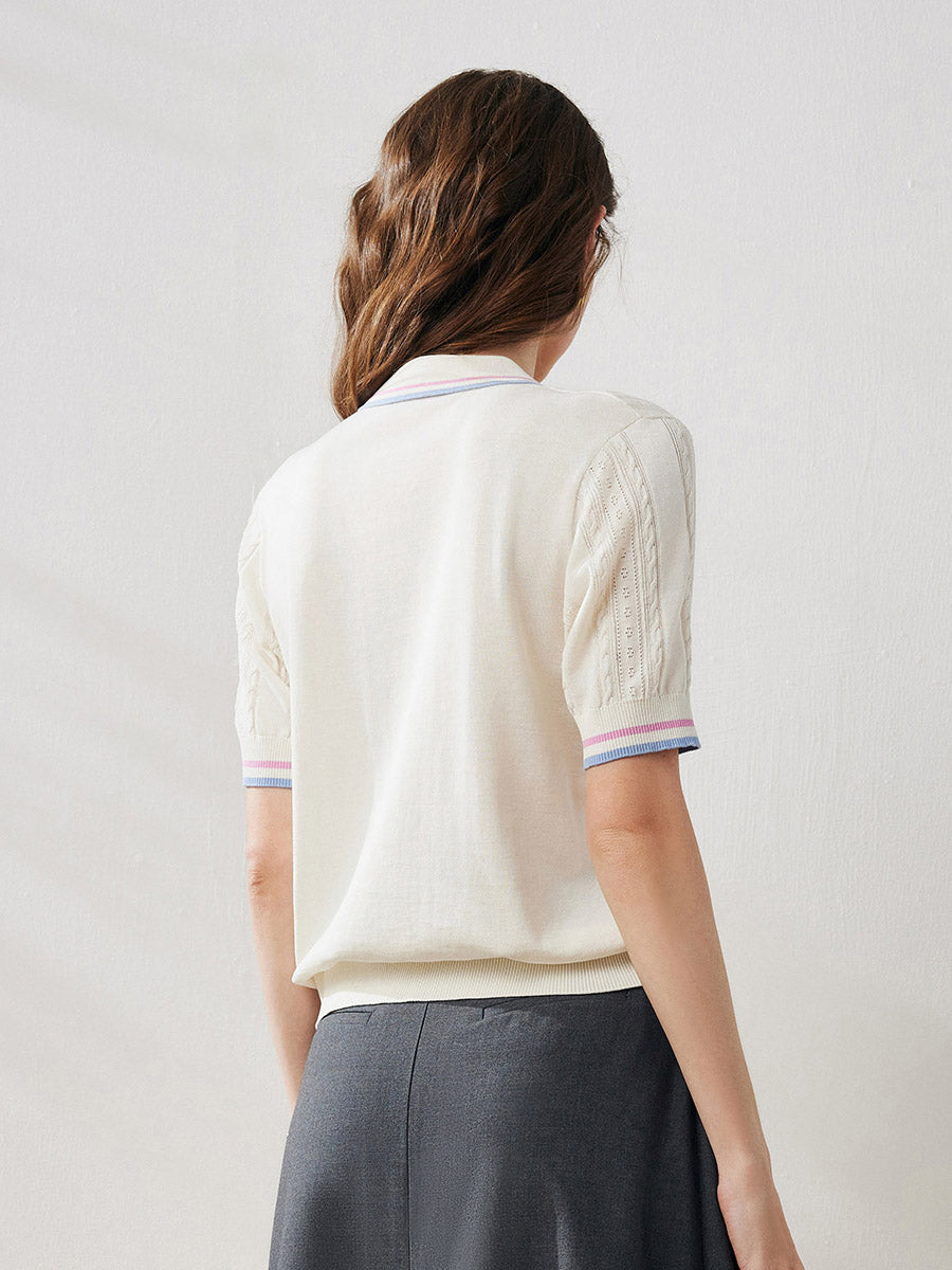 COMOBOCA Women's Cable Color Trimmed Knit Polo T-Shirt