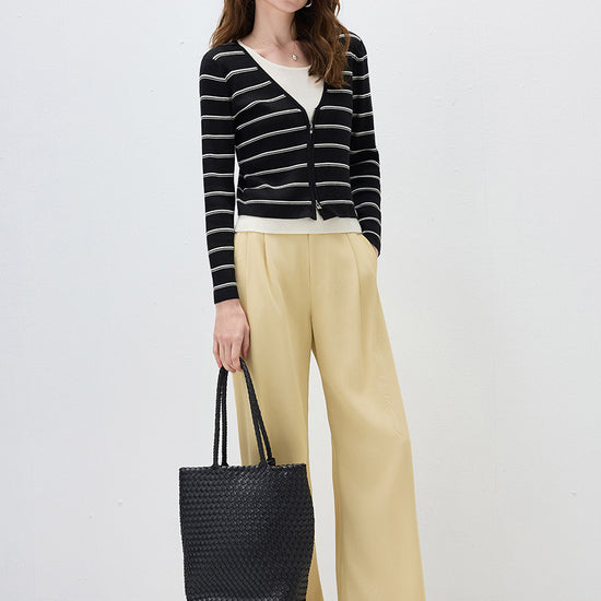 COMOBOCA Women's Striped Ribbed Knit Faux 2-in-1 Zip Cardigan