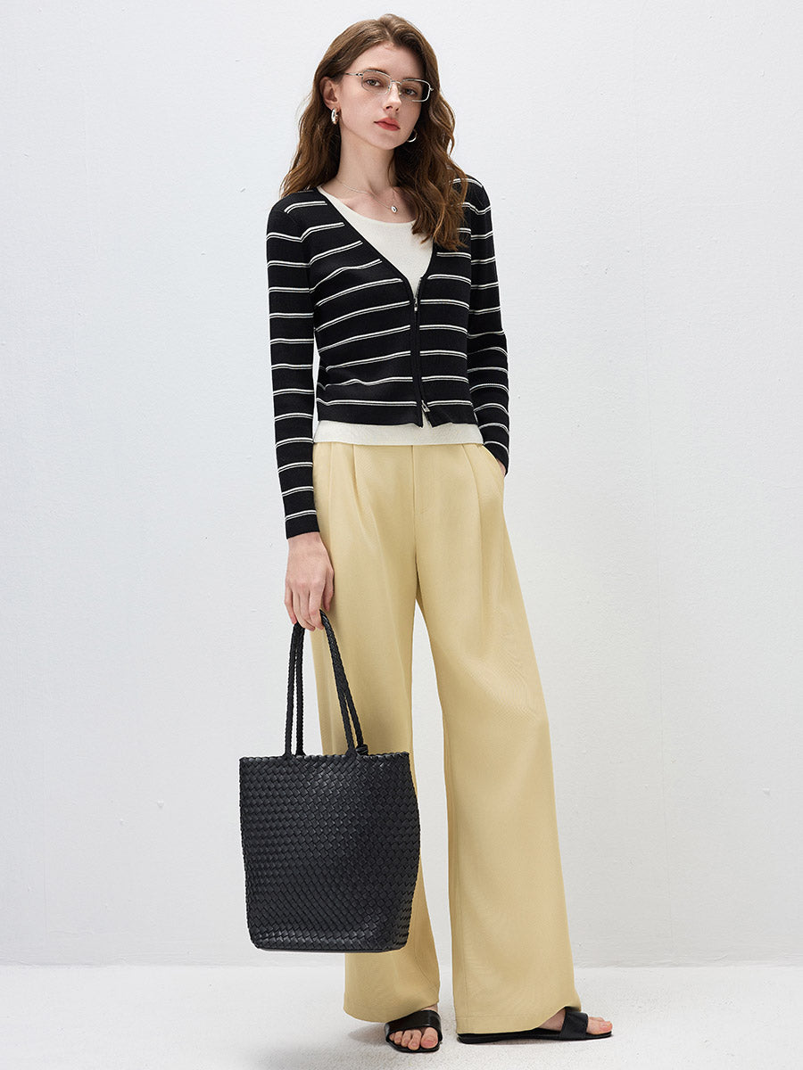 COMOBOCA Women's Striped Ribbed Knit Faux 2-in-1 Zip Cardigan