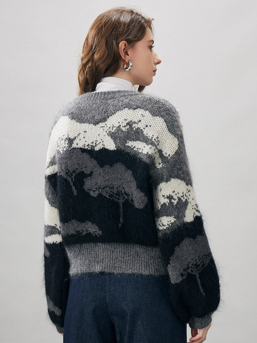 COMOBOCA Women's Landscape Patterned Knit Cardigan