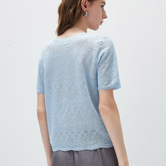 COMOBOCA Women's Sheer Floral Lace Knit T-Shirt