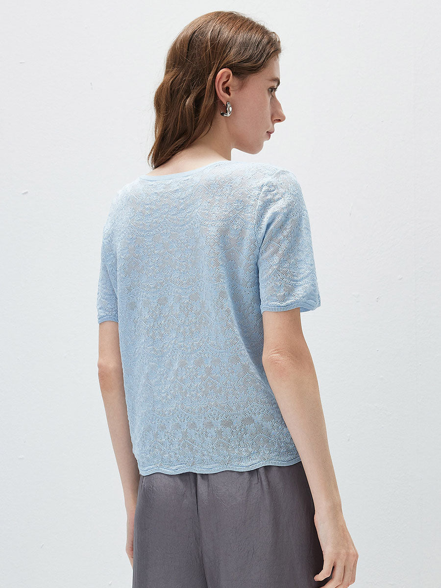 COMOBOCA Women's Sheer Floral Lace Knit T-Shirt