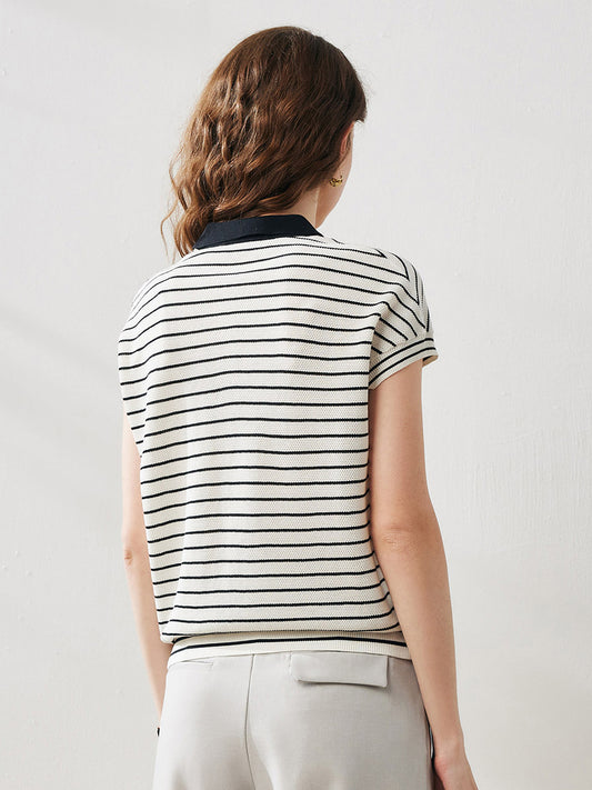 COMOBOCA Women's Cotton Silk Striped Knit Polo Shirt