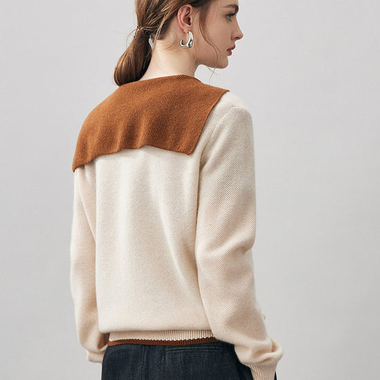 COMOBOCA 100% Cashmere Women's Contrast Collar Double Zip Cardigan