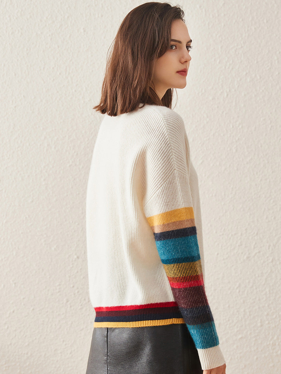 COMOBOCA 100% Cashmere Women's Striped Round Neck Sweater