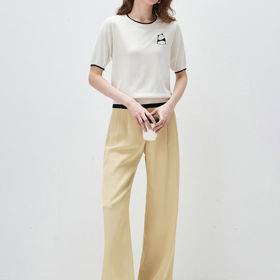 COMOBOCA Women's Panda Motif Contrast Trim Knit T-Shirt