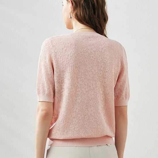 COMOBOCA Women's Cotton Silk Versatile Floral Lace Knit T-Shirt