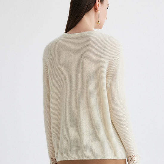 COMOBOCA 100% Cashmere Women's Ribbed Crochet Lace Cuffs Sweater