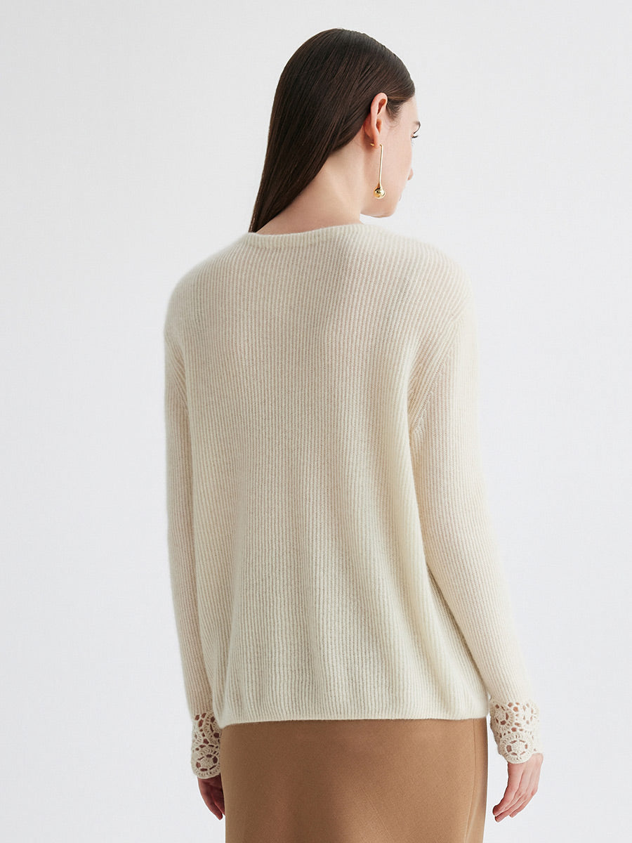 COMOBOCA 100% Cashmere Women's Ribbed Crochet Lace Cuffs Sweater