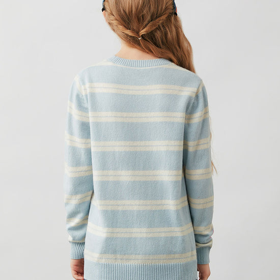 COMOBOCA 100% Wool Kids' Striped Heart Round Neck Sweater