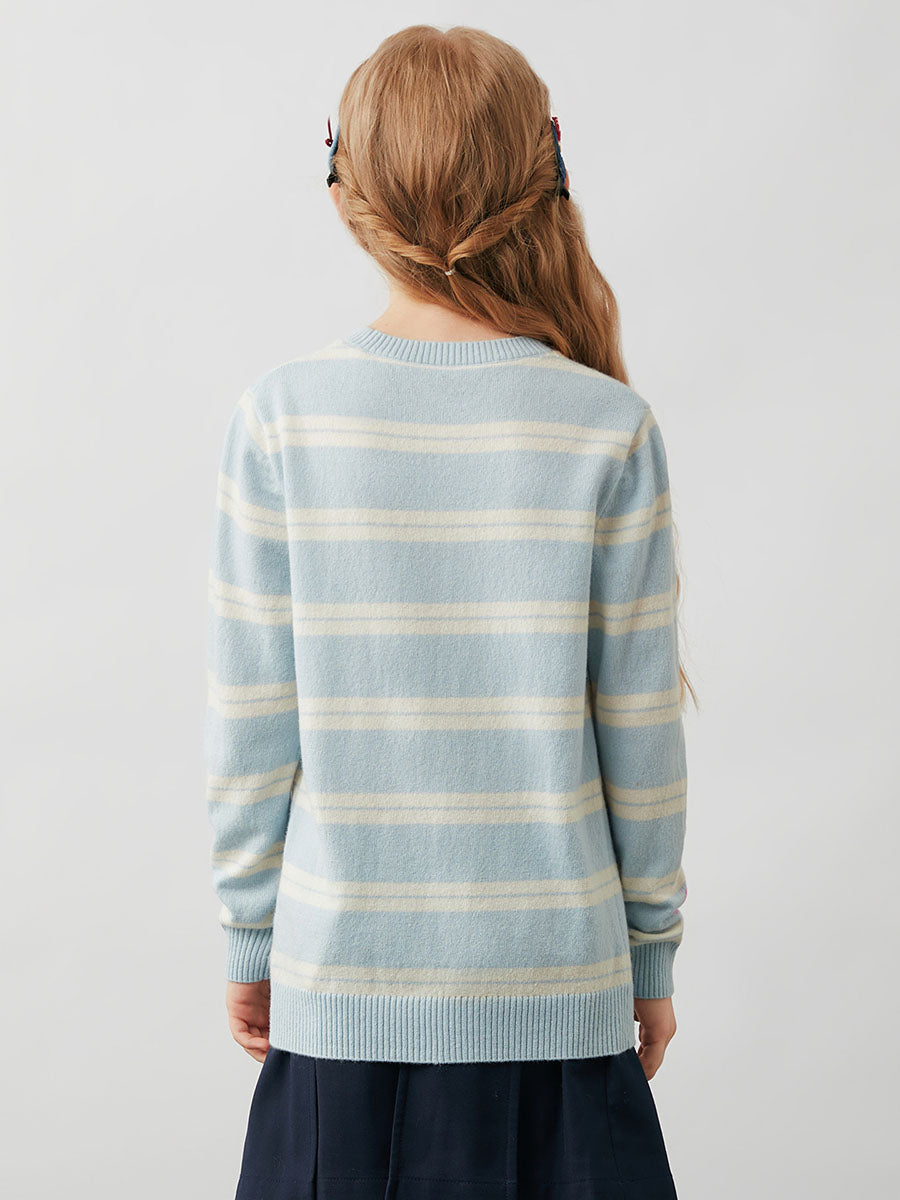 COMOBOCA 100% Wool Kids' Striped Heart Round Neck Sweater