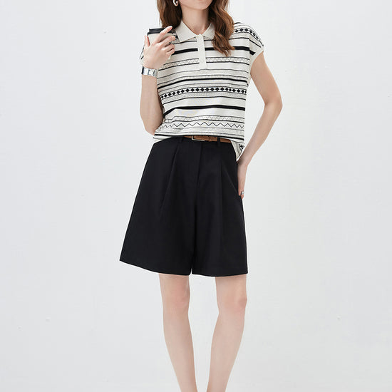 COMOBOCA Women's Geometric Stripe Polo Knit T-Shirt