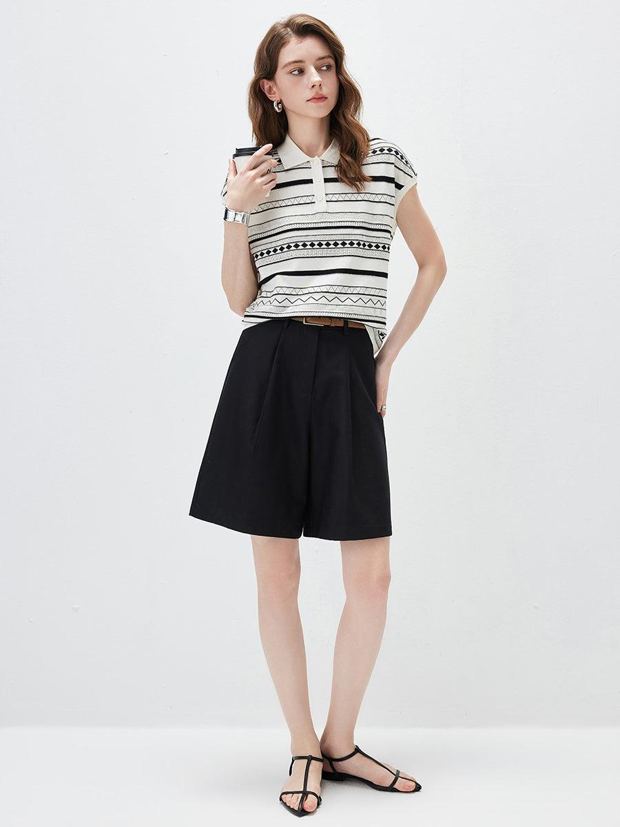 COMOBOCA Women's Geometric Stripe Polo Knit T-Shirt
