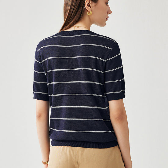 COMOBOCA Women's Striped Floral Knit T-Shirt