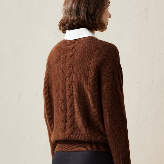 COMOBOCA 100% Cashmere Women's Cable Knit V-Neck Sweater