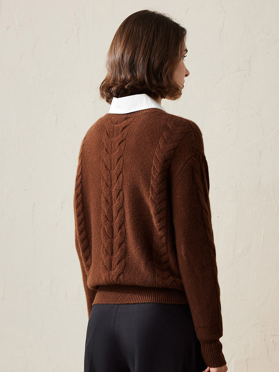 COMOBOCA 100% Cashmere Women's Cable Knit V-Neck Sweater