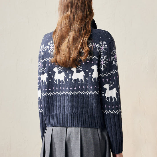 COMOBOCA 100% Wool Women's Reindeer Knit Cardigan