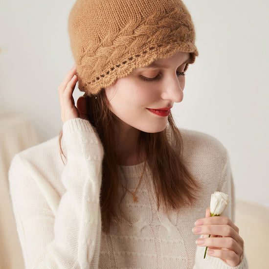 COMOBOCA 100% Cashmere Women's Crochet Trim Cable Knit Beanie