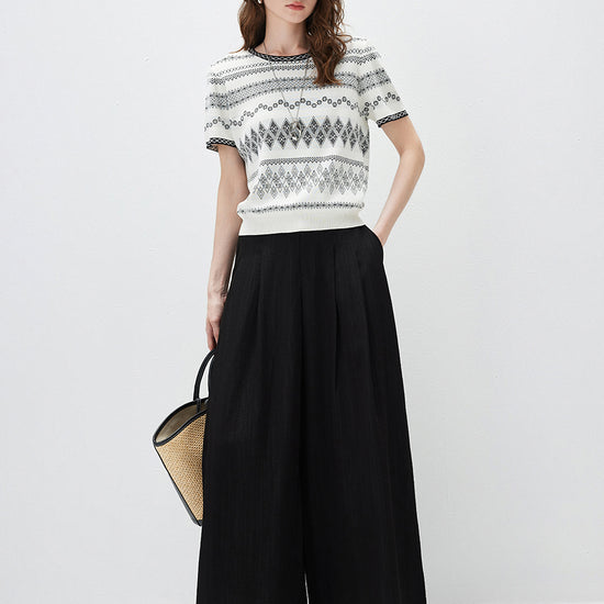 COMOBOCA Women's Fair Isle Geometric Stripe Knit T-Shirt