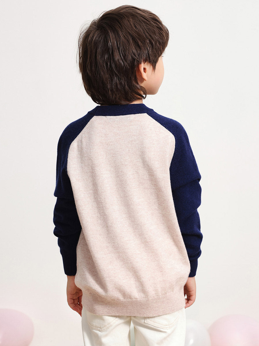COMOBOCA 100% Wool Kids' Round Neck Color Block Sweater