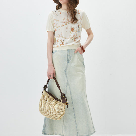 COMOBOCA Women's Mixed Print Short Sleeve Knit Top