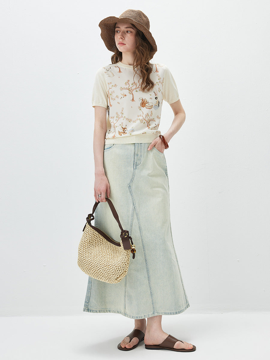 COMOBOCA Women's Mixed Print Short Sleeve Knit Top