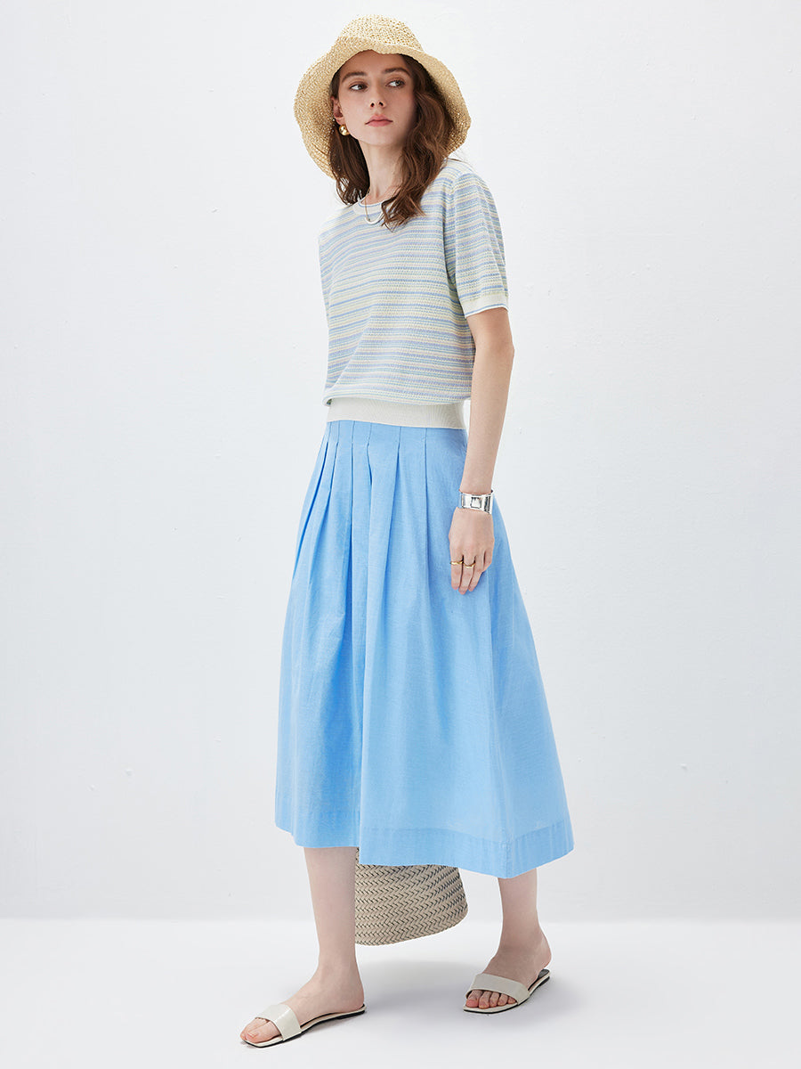 COMOBOCA Women's Pastel Marled Stripe Openwork Knit T-Shirt