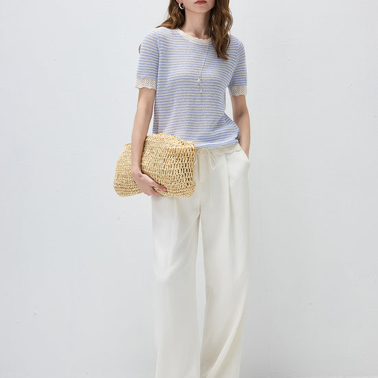 COMOBOCA Women's Drawstring Striped Lace Trim Knit T-Shirt