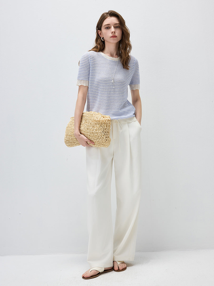 COMOBOCA Women's Drawstring Striped Lace Trim Knit T-Shirt