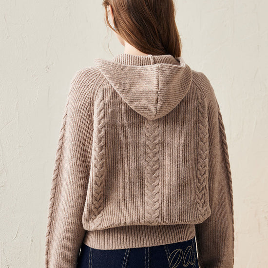 COMOBOCA 100% Wool Women's Cardigan Cable Knit Hoodie