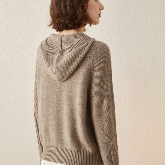 COMOBOCA 100% Cashmere Luxurious Cable Knit Hooded Cardigan