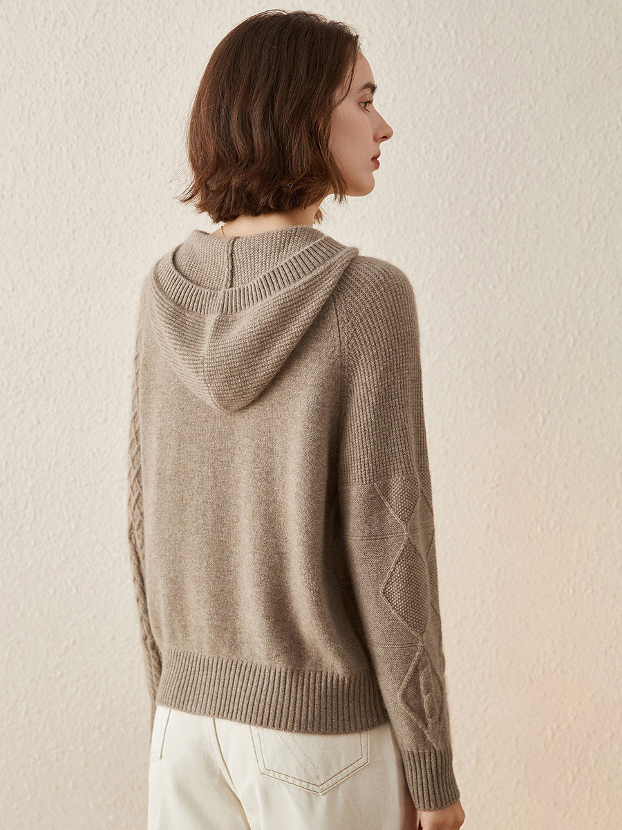 COMOBOCA 100% Cashmere Luxurious Cable Knit Hooded Cardigan