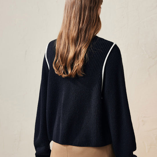 COMOBOCA 100% Wool Women's Color Block Ribbed Knit Sweater