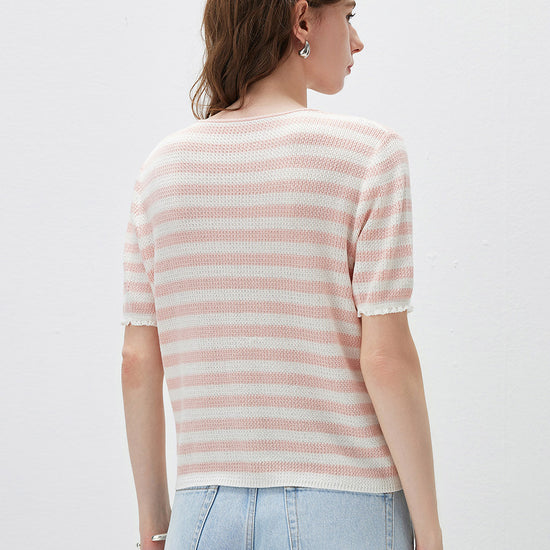COMOBOCA Women's Tie-Neck Striped Knit T-Shirt