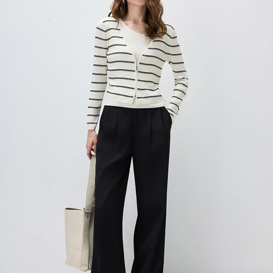 COMOBOCA Women's Striped Ribbed Knit Faux 2-in-1 Zip Cardigan