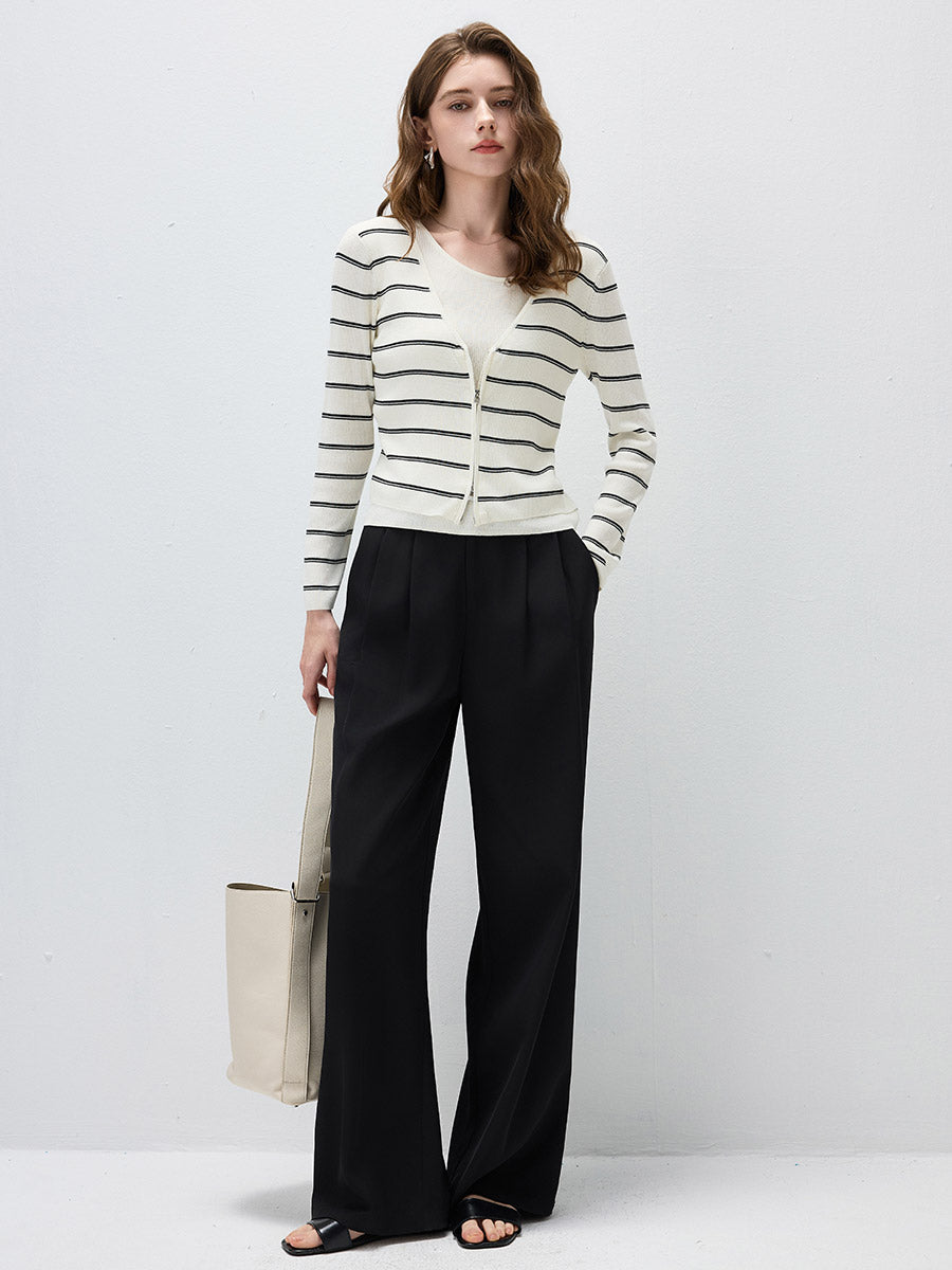 COMOBOCA Women's Striped Ribbed Knit Faux 2-in-1 Zip Cardigan