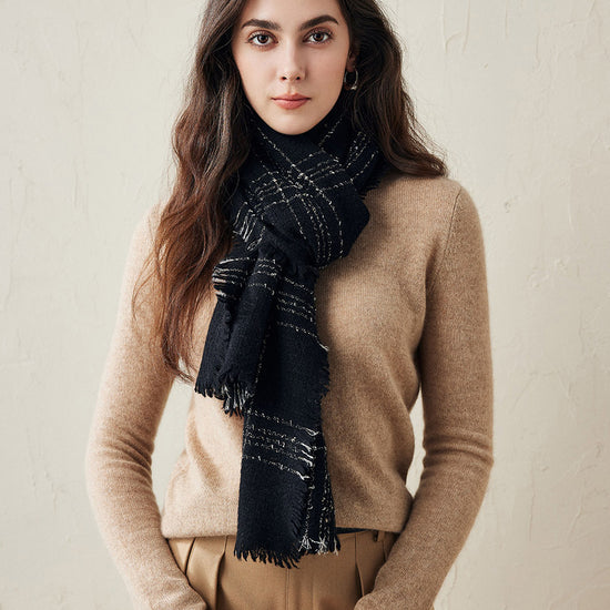 COMOBOCA Black 100% Cashmere Scarf with Fringes and Metallic Shimmer