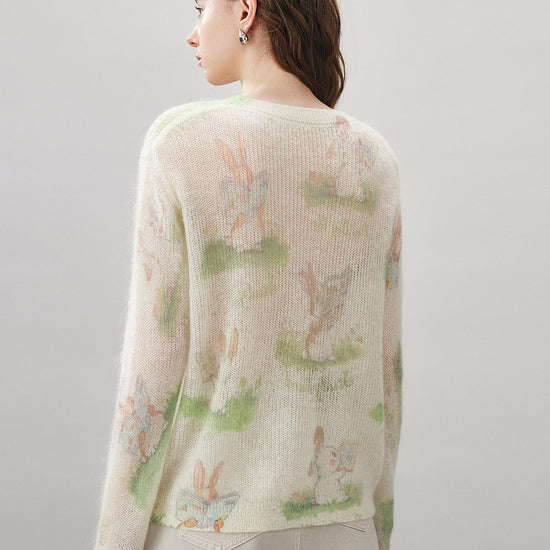 COMOBOCA Women's Bunny Printed Round Neck Sweater