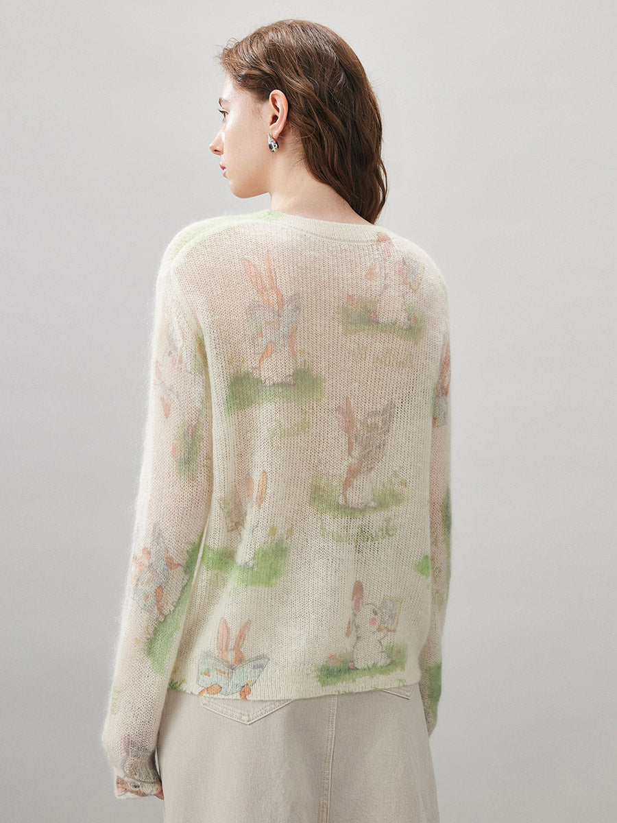 COMOBOCA Women's Bunny Printed Round Neck Sweater