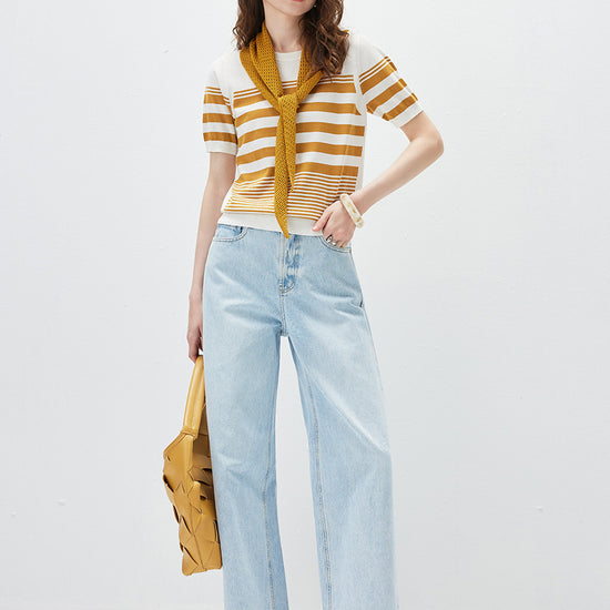 COMOBOCA Women's Contrast Stripe Knit T-Shirt